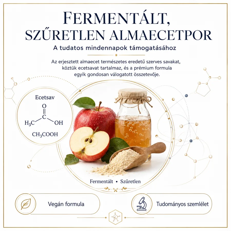 Fermentált, szűretlen almaecetpor infografika: az erjesztett almaecet természetes eredetű szerves savakat tartalmaz.