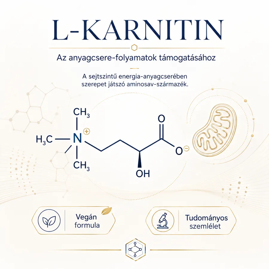 L-karnitin infografika: a sejtszintű energia-anyagcserében szerepet játszó aminosav-származék molekulaképlete.